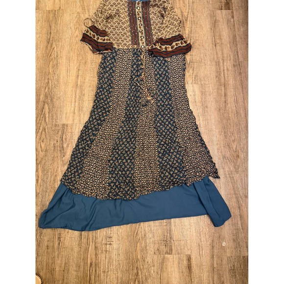 Taruni Boho Mixed Print Maxi Dress Size L Blue Floral Tiered Bell Sleeve Sequin - Picture 2 of 8